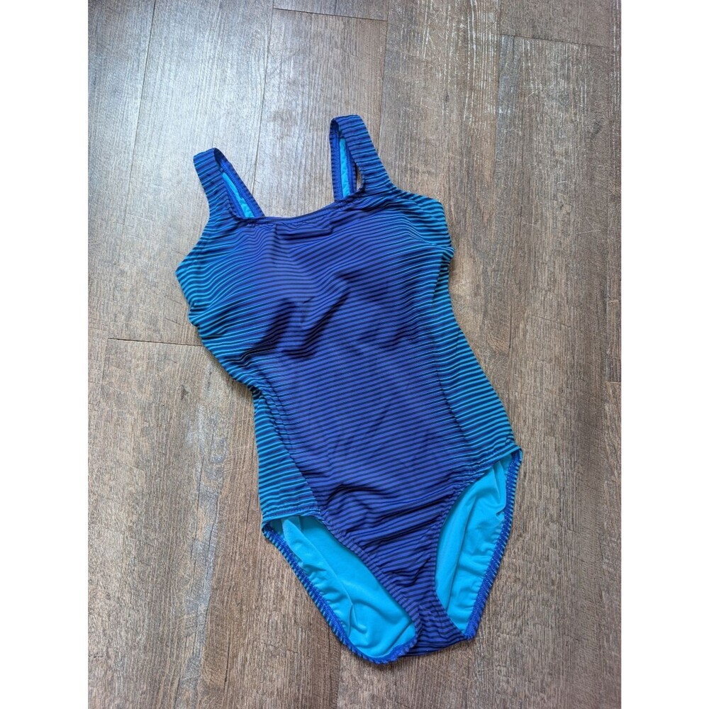 Lands End Striped Blue One-Piece Swimsuit Size Large